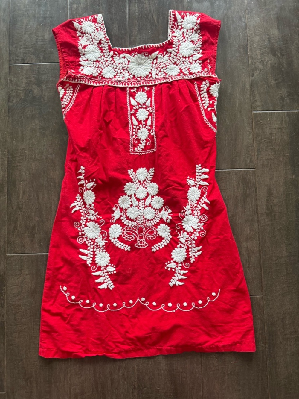 Handmade Red Mexican Huipil Dress Women Cotton Embroidered Size Small